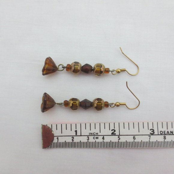 New Brown & Amber Glass Floral Dangle Earrings - Picture 4 of 6